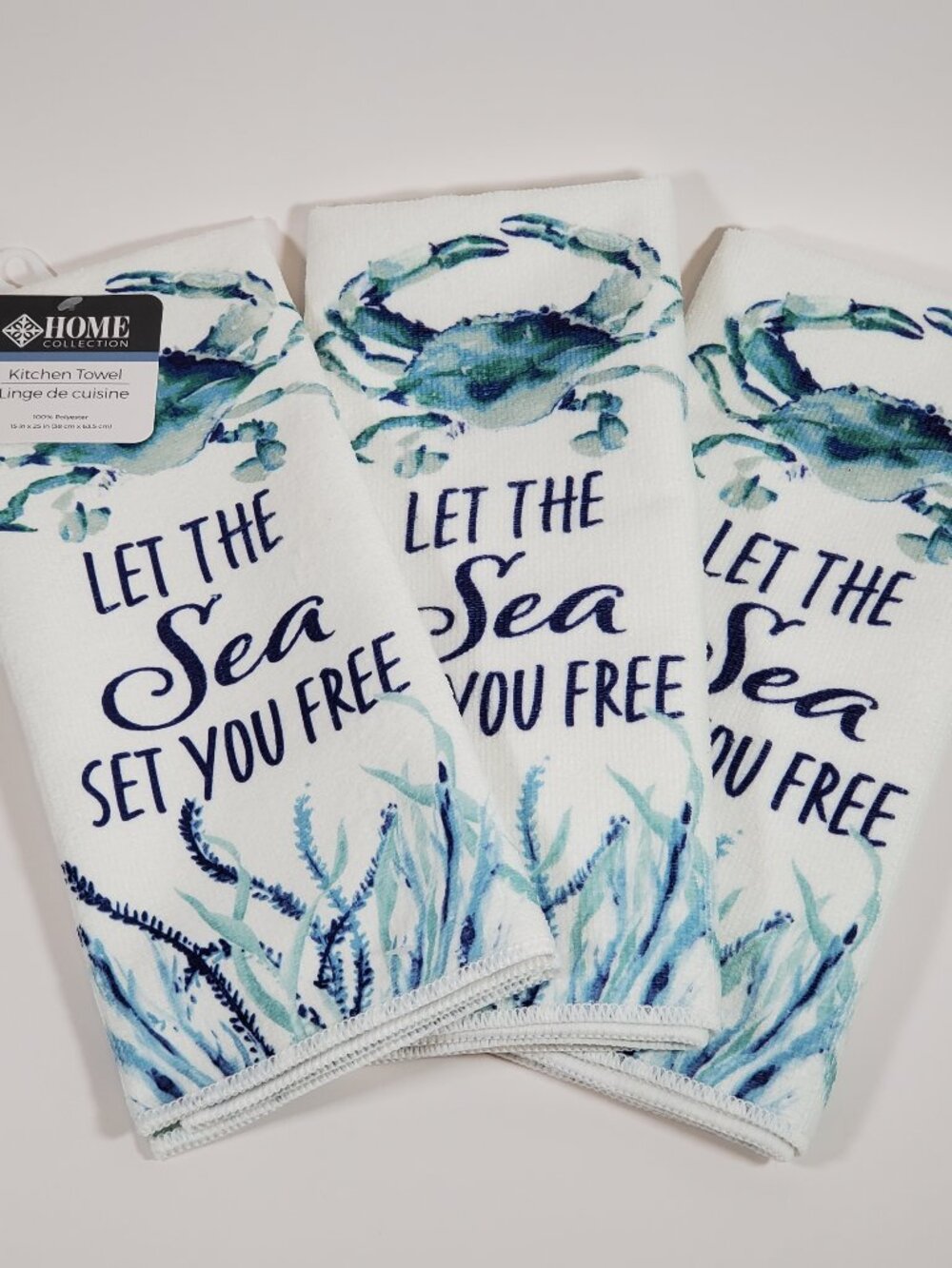 Blue Crab Kitchen Hand Dish Towel 'Let The Sea Set You Free' Set of 3 NEW